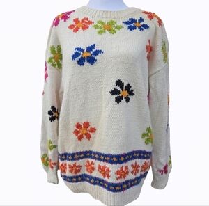 Vintage Capezios Handknits Floral Sweater - Medium - Boho Ramie Cotton Knit